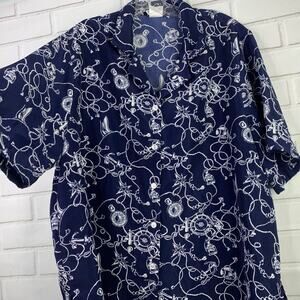 Vintage 90s BonWorth Navy Blue Nautical Short Sleeve Camp Shirt women XL